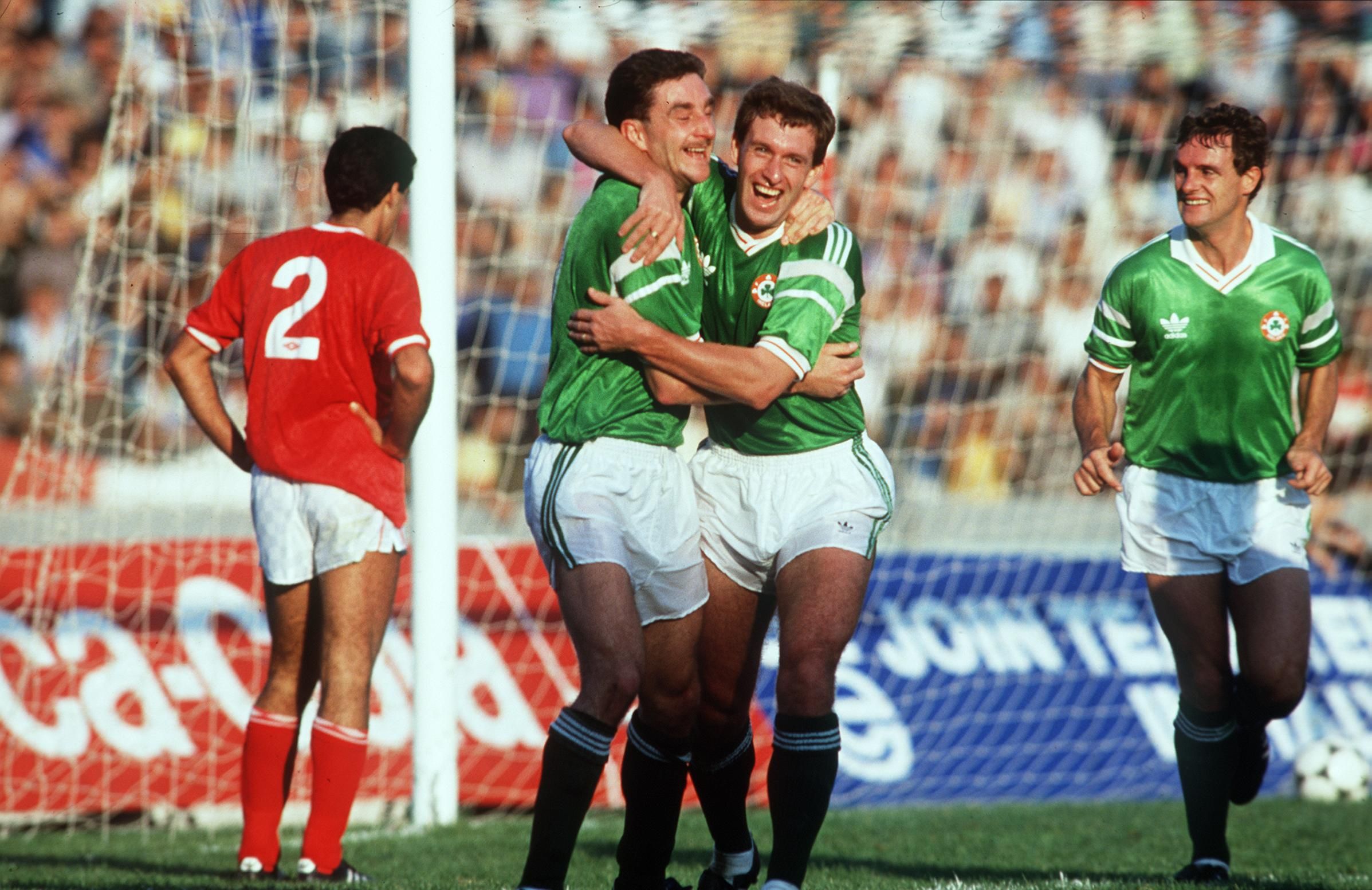 Malta vs Republic of Ireland  15/11/1989
John Aldridge and Kevin Sheedy celebrate goal
&copy;INPHO/Billy Stickland