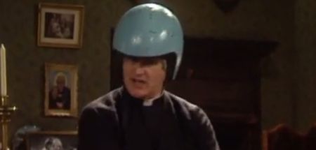 PIC: College American Football team honour Father Ted on their helmets