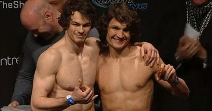 GIF: They will fight. But first Olivier Aubin-Mercier and David Michaud share some muffins