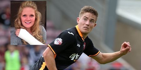 Footballer’s shot goes wide, shot hits fan, fan is his girlfriend, she breaks her wrist