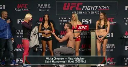 VIDEO: UFC weigh-ins take on a whole new meaning as fighter gets down on one knee to propose