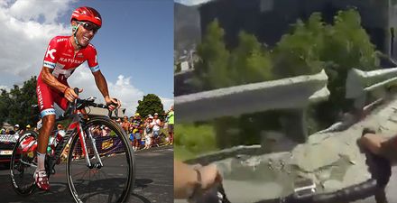 WATCH: Cyclist is flipped over a crash barrier in this terrifying footage of high-speed descent crash