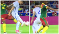 Cameroon player quite literally tackles the shorts off his Chilean opponent