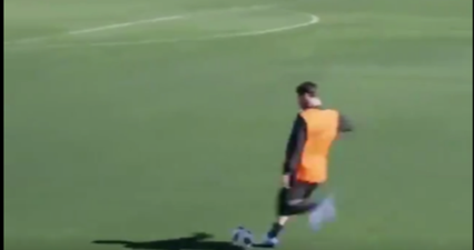 Lionel Messi nutmegs reporter from the other side of the pitch