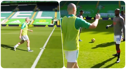 Scott Brown embraces Rangers’ Glen Kamara ahead of Old Firm